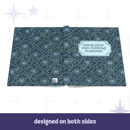 Profanity floral hardcover journal open flat showing full wrap botanical design on front and back covers with teal floral pattern
