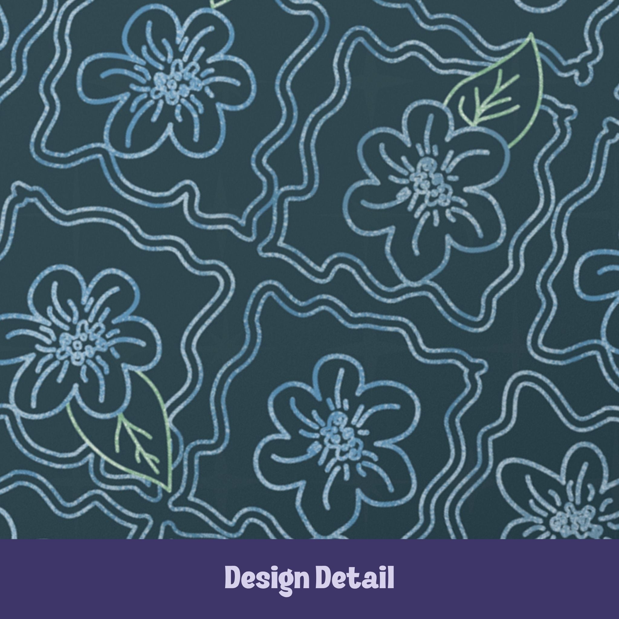 Close-up detail of hand-drawn periwinkle blue floral pattern with sage green leaves on deep teal hardcover journal