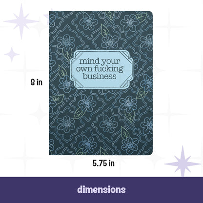 Profanity softcover journal front cover with dimensions labeled 5.75 inches wide by 8 inches tall, dark teal floral pattern
