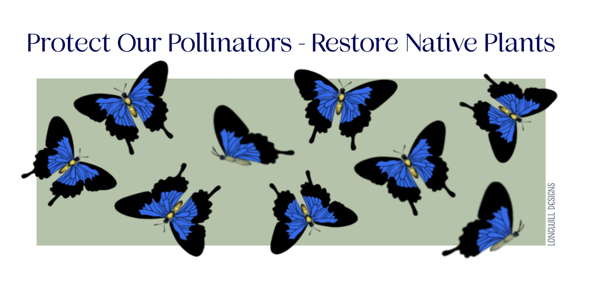 Bumper Sticker; Protect Our Pollinators - Restore Native Plants, waterproof vinyl, 7.5"x3.5"
