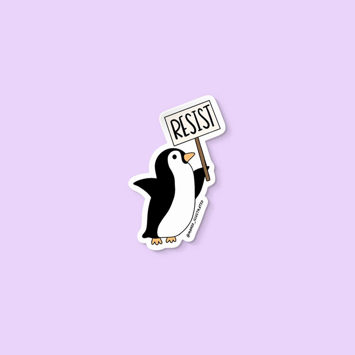 Protesting Penguin sticker — hand drawn penguin holding a resist protest sign, 3 x 1.5 in, by MangoIllustrated
