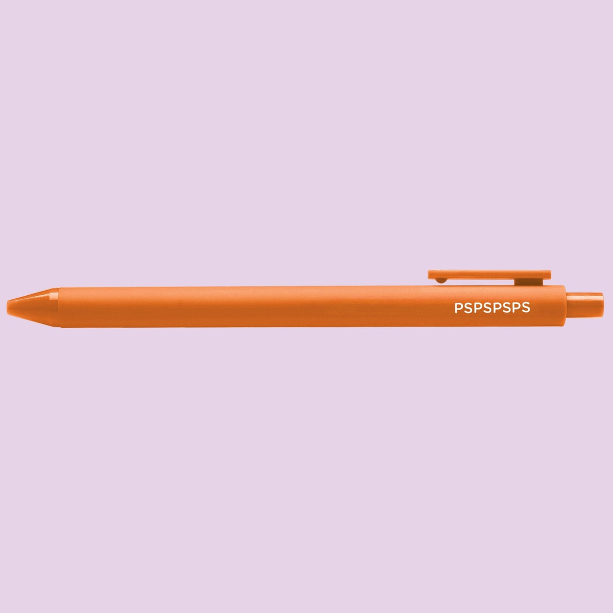 PSPSPSPS pen detail — white printed lettering on the orange barrel, shown on light purple, by indie artist MangoIllustrated
