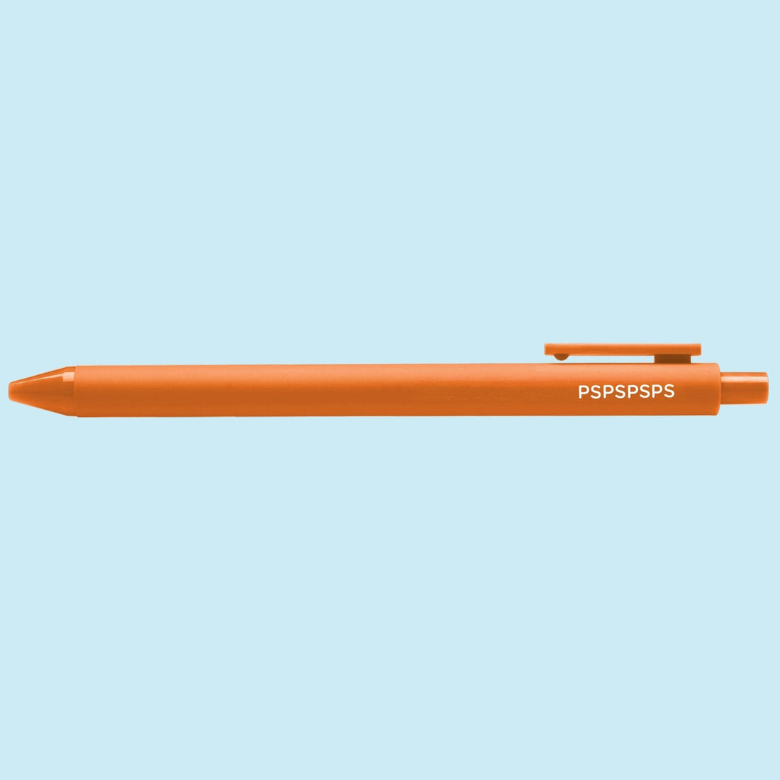 PSPSPSPS pen flat lay — orange cat lover gel pen on a light blue background by indie artist MangoIllustrated