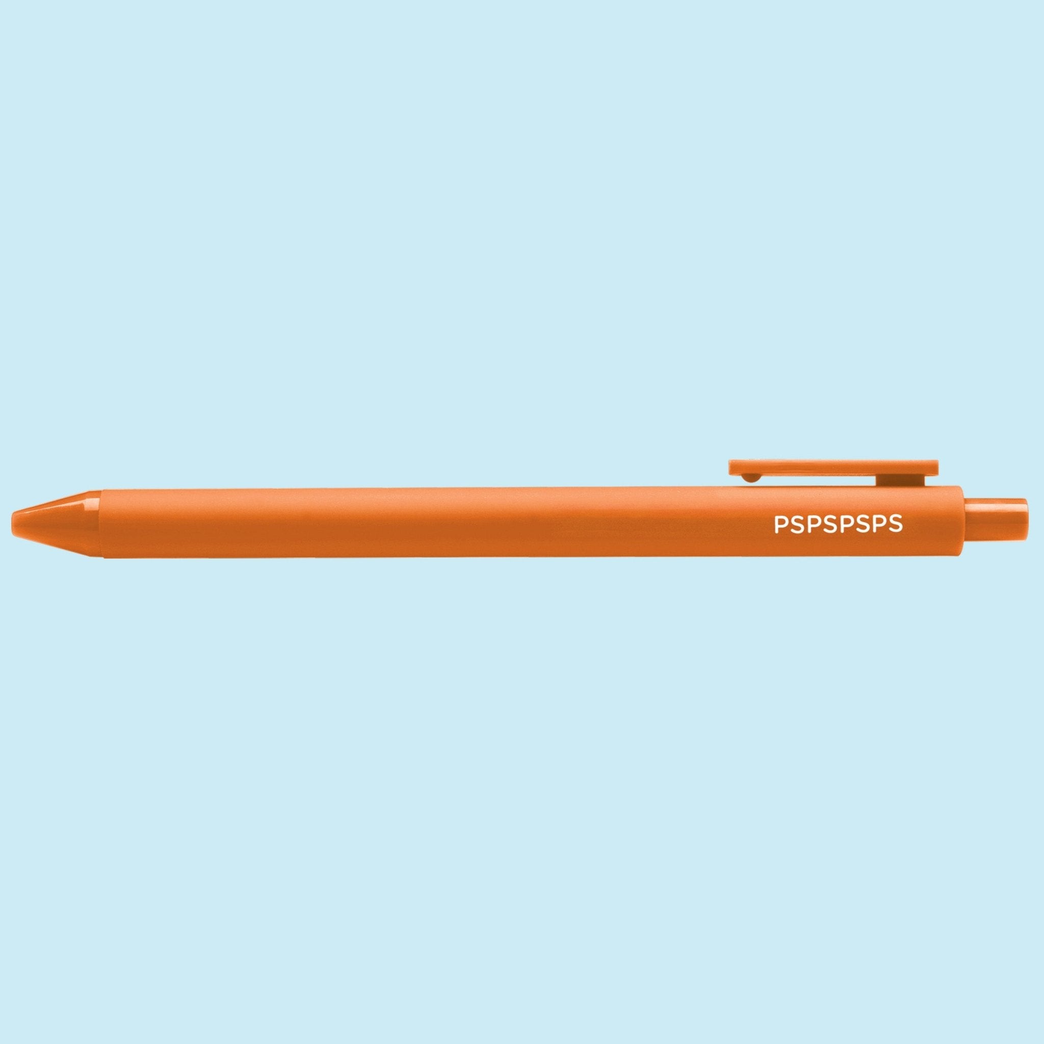 Orange pen with white "PSPSPSPS" text on a light blue background