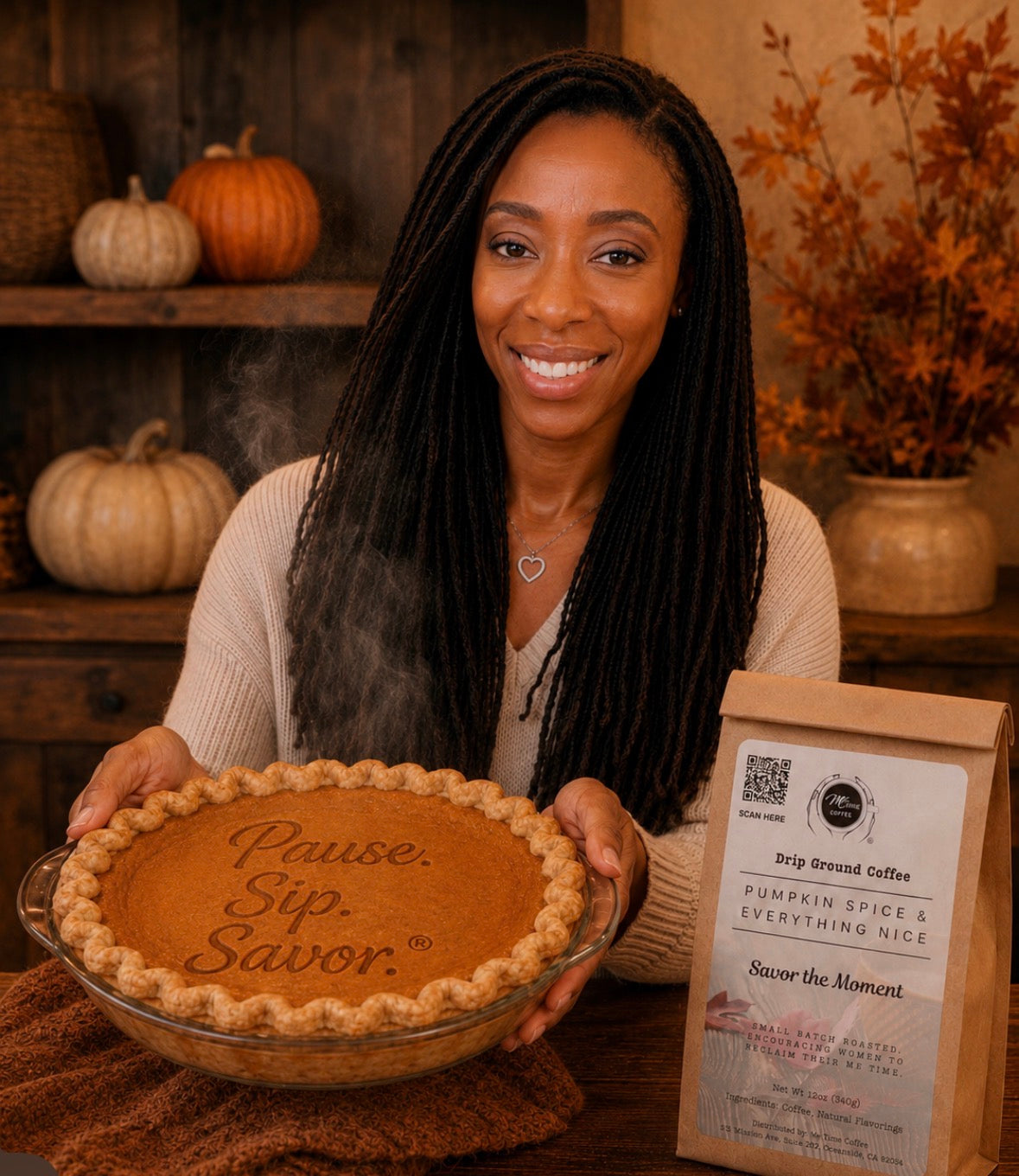 A smiling woman with long dark braids holds a pumpkin pie in a glass dish and a bag of Savor the Moment drip brewed coffee in a cozy autumn kitchen setting with pumpkins and fall decor in the background.