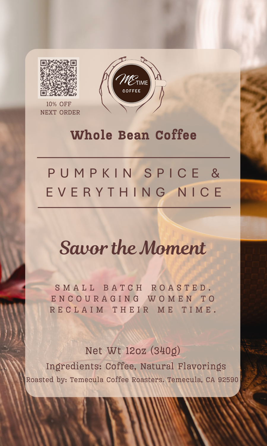 Coffee package with pumpkin spice flavor on a wooden surface