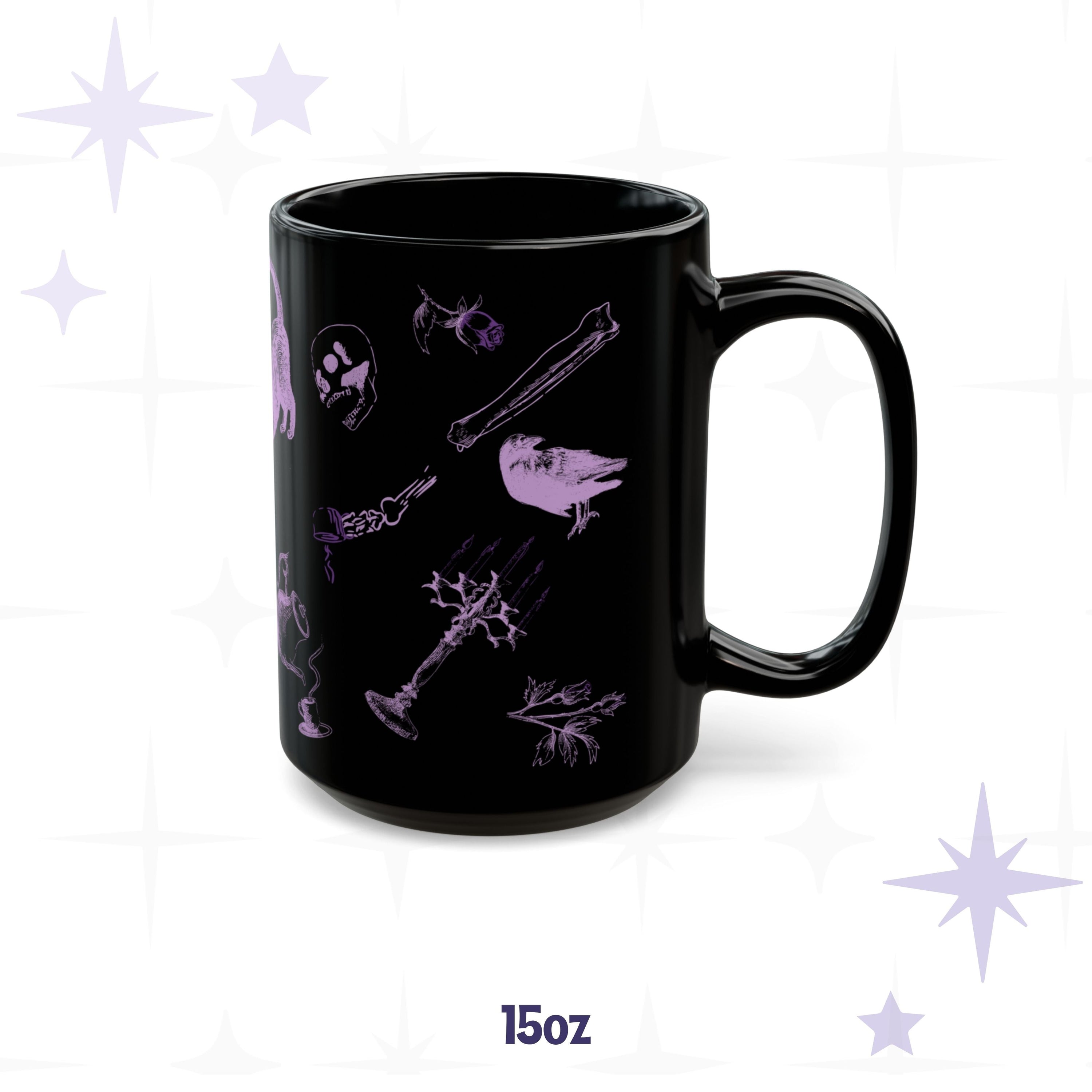 15 oz witchcore mug showing a stretching black cat, a raven, a skeletal hand with a teacup, and a lit candelabra