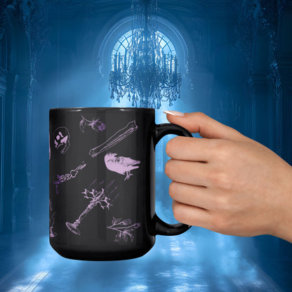 Hand holding a purple goth mug in a blue candlelit cathedral hall beneath a chandelier