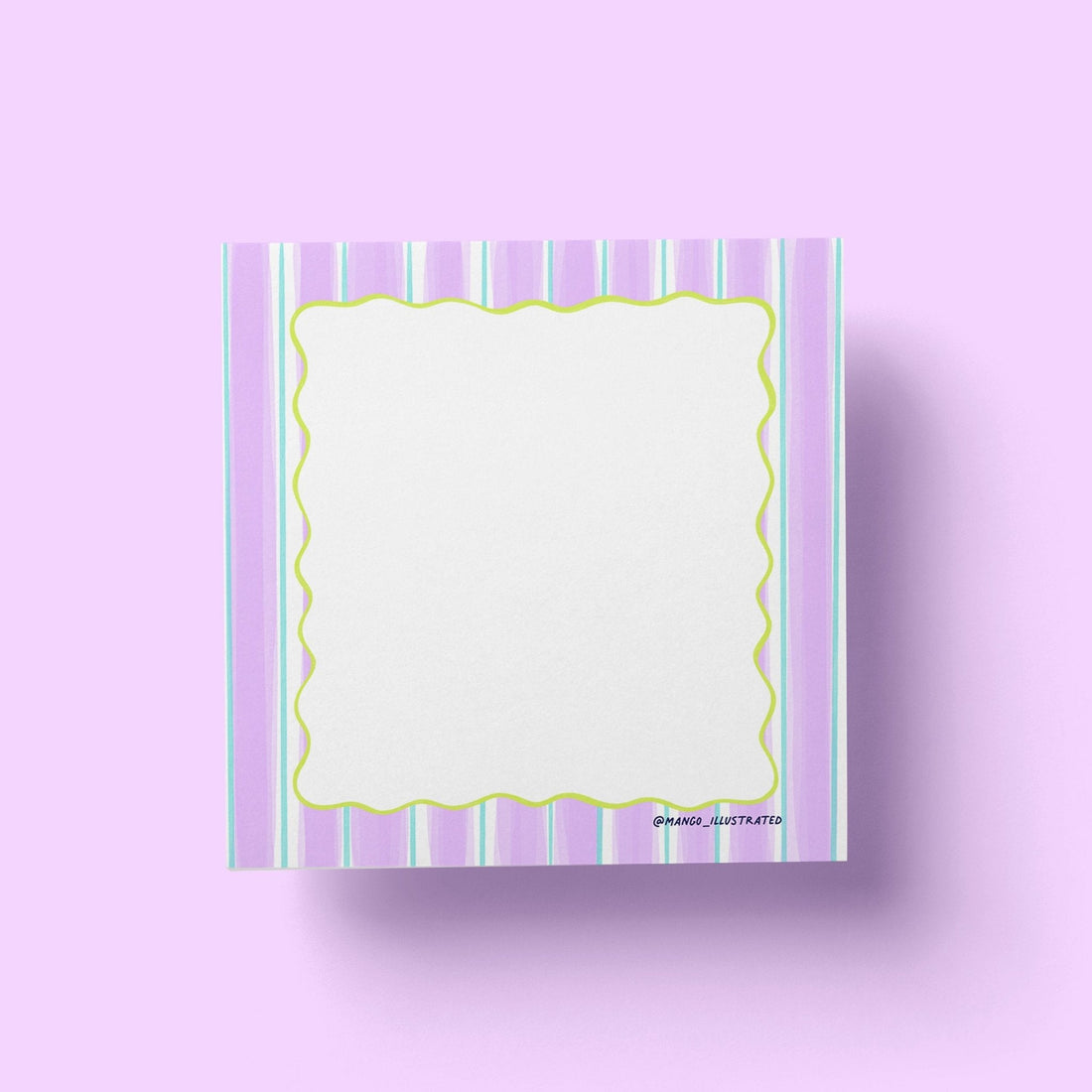 Purple Striped Squiggle Sticky Notes flat lay — colorful striped sticky note pad on a desk by indie artist MangoIllustrated