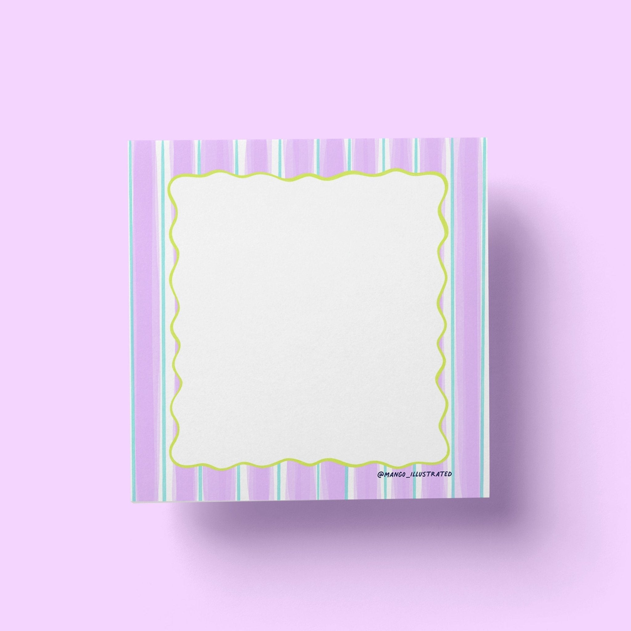 Purple Striped Squiggle Sticky Notes flat lay — colorful striped sticky note pad on a desk by indie artist MangoIllustrated