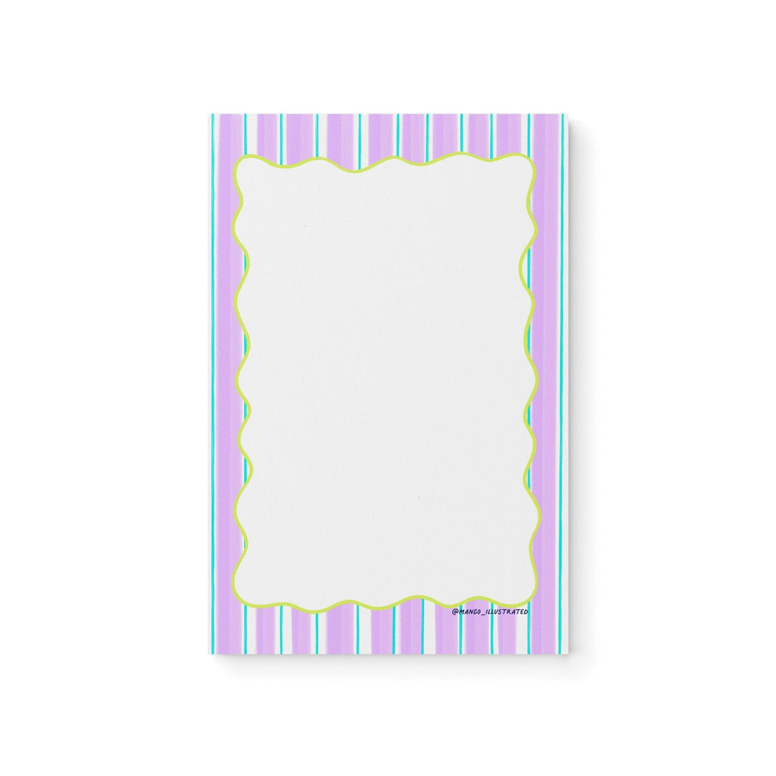 Purple Stripes Notepad — lavender striped border with lime squiggle frame and blank center, 8.5 x 5.5 inches, by MangoIllustrated