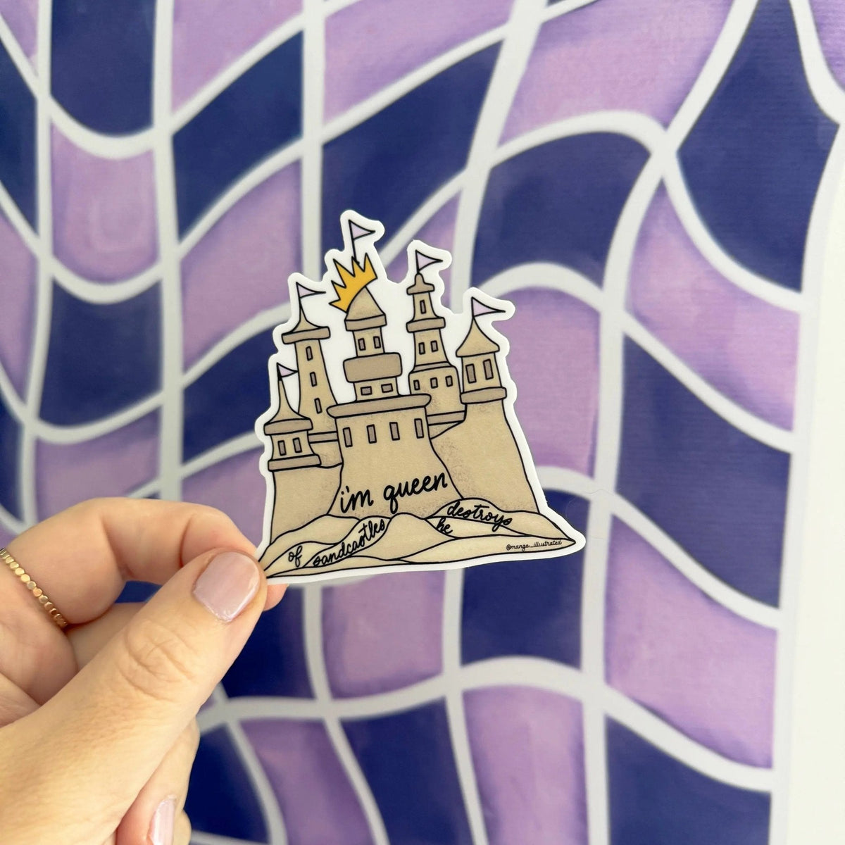 Queen of sandcastles sticker close up — hand drawn sandcastle turrets by indie artist MangoIllustrated