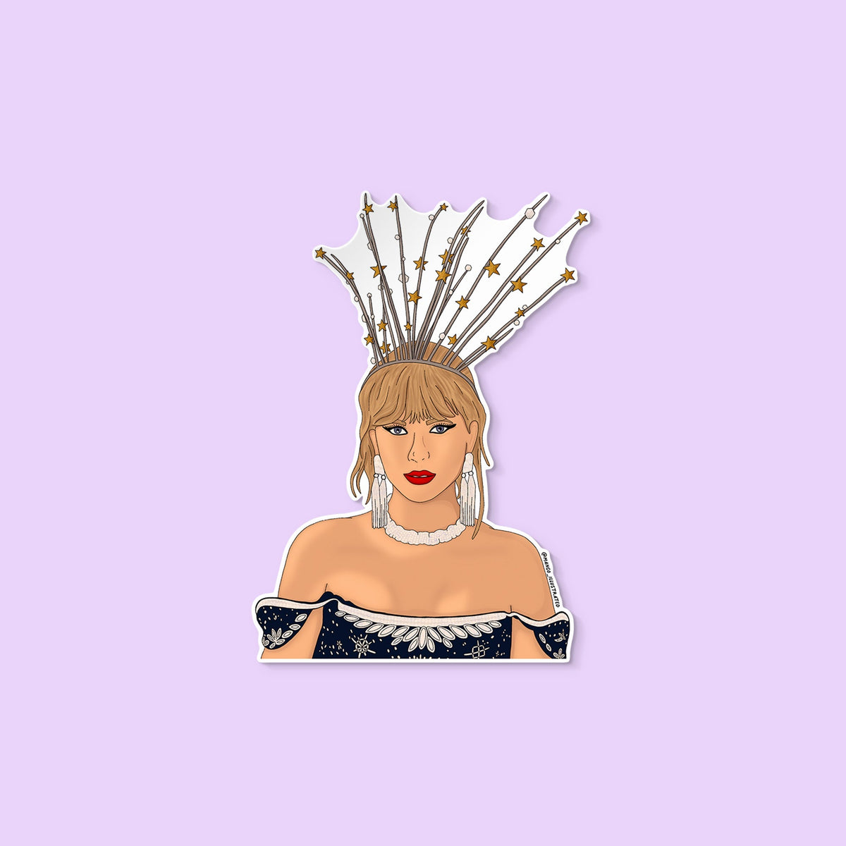 Queen Taylor sticker flat lay — illustrated pop culture vinyl sticker for laptops, water bottles and planners by indie artist MangoIllustrated