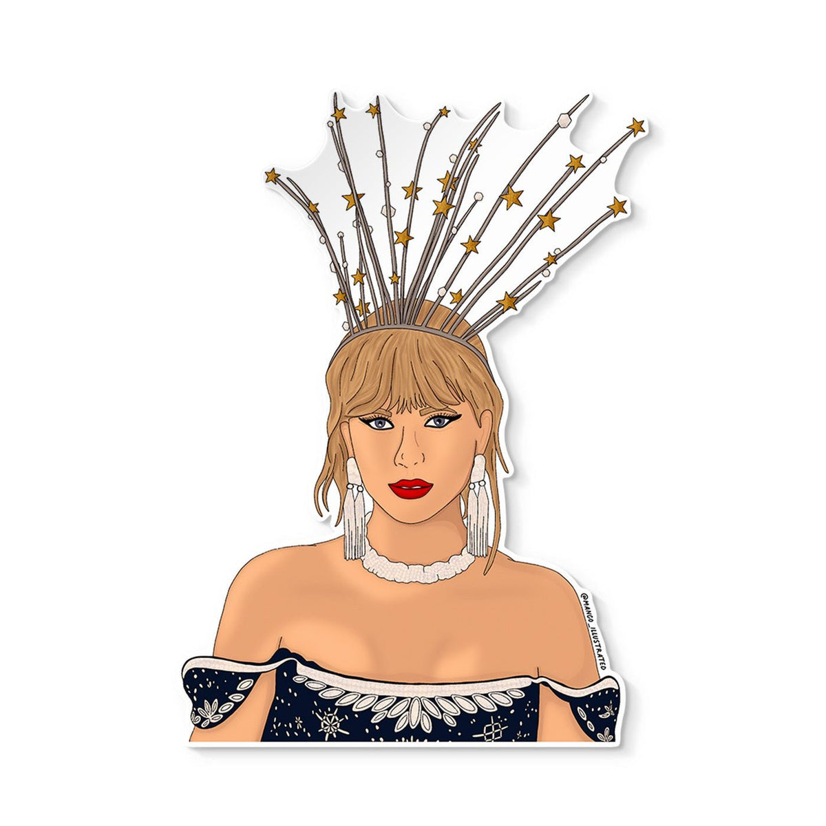 Queen Taylor sticker — hand drawn illustration of Tay wearing her showgirl crown, approximately 3 in x 3 in, by MangoIllustrated
