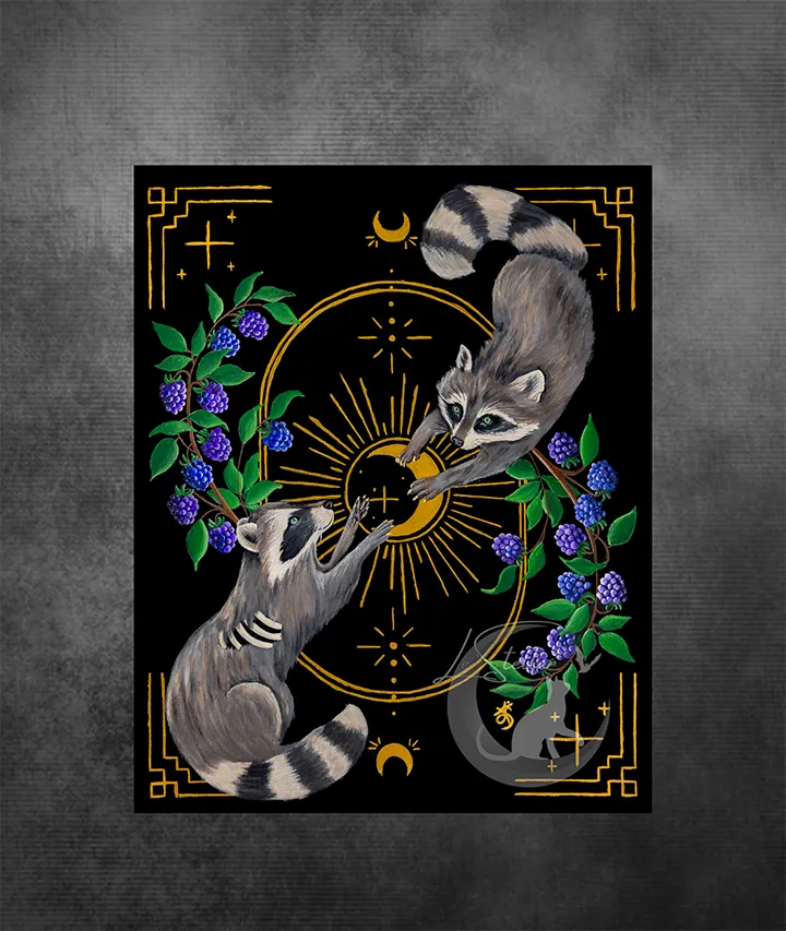 Gothic Raccoon Art Print, Tarot Style Wall Art, Forest Witch Cozy Painting