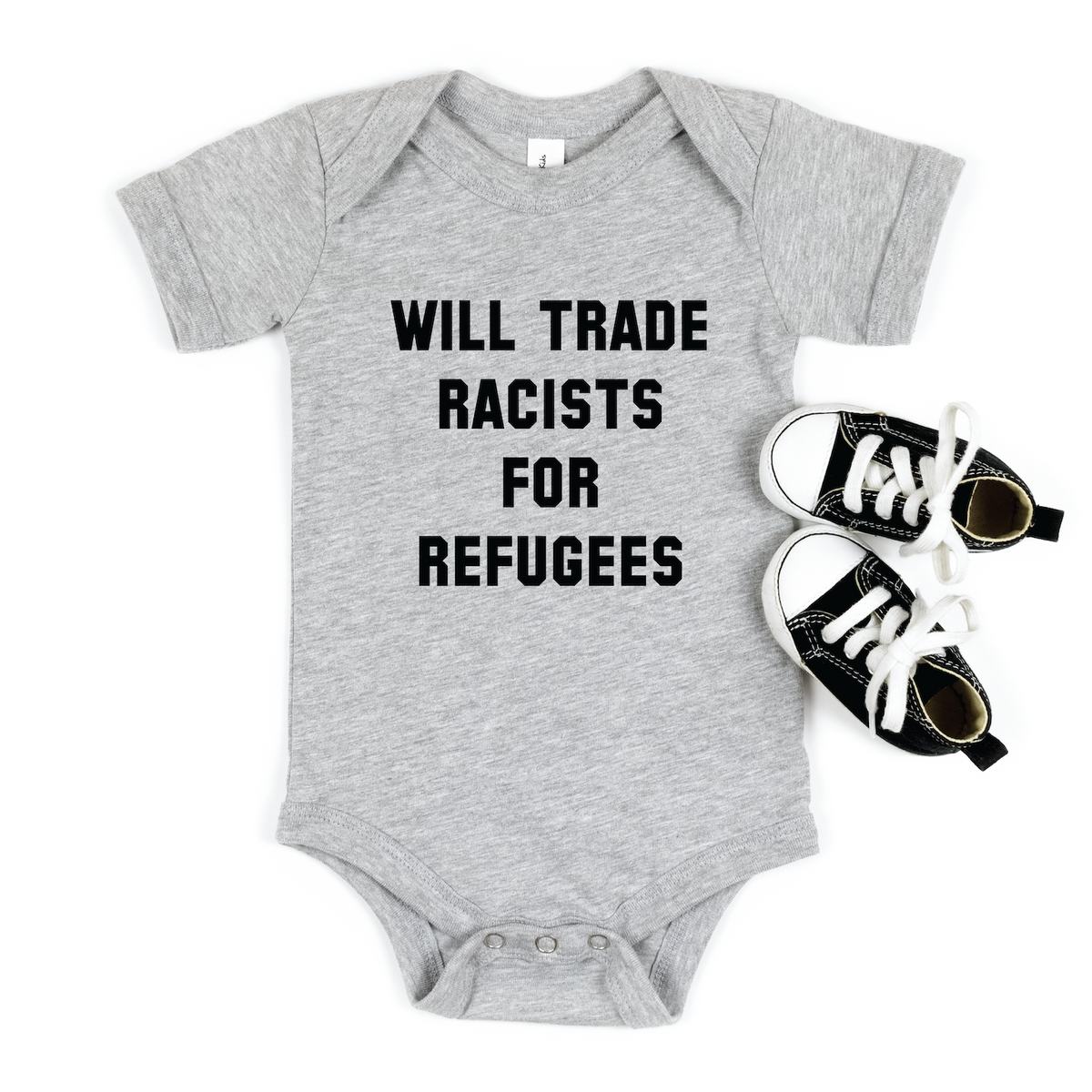 Will Trade Racists For Refugees Baby Bodysuit - Resistance Nation