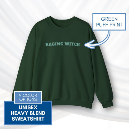 raging-witch-puff-print-unisex-crewneck-sweatshirt-activist-witchy-fall-feminist-apparel-forest-green