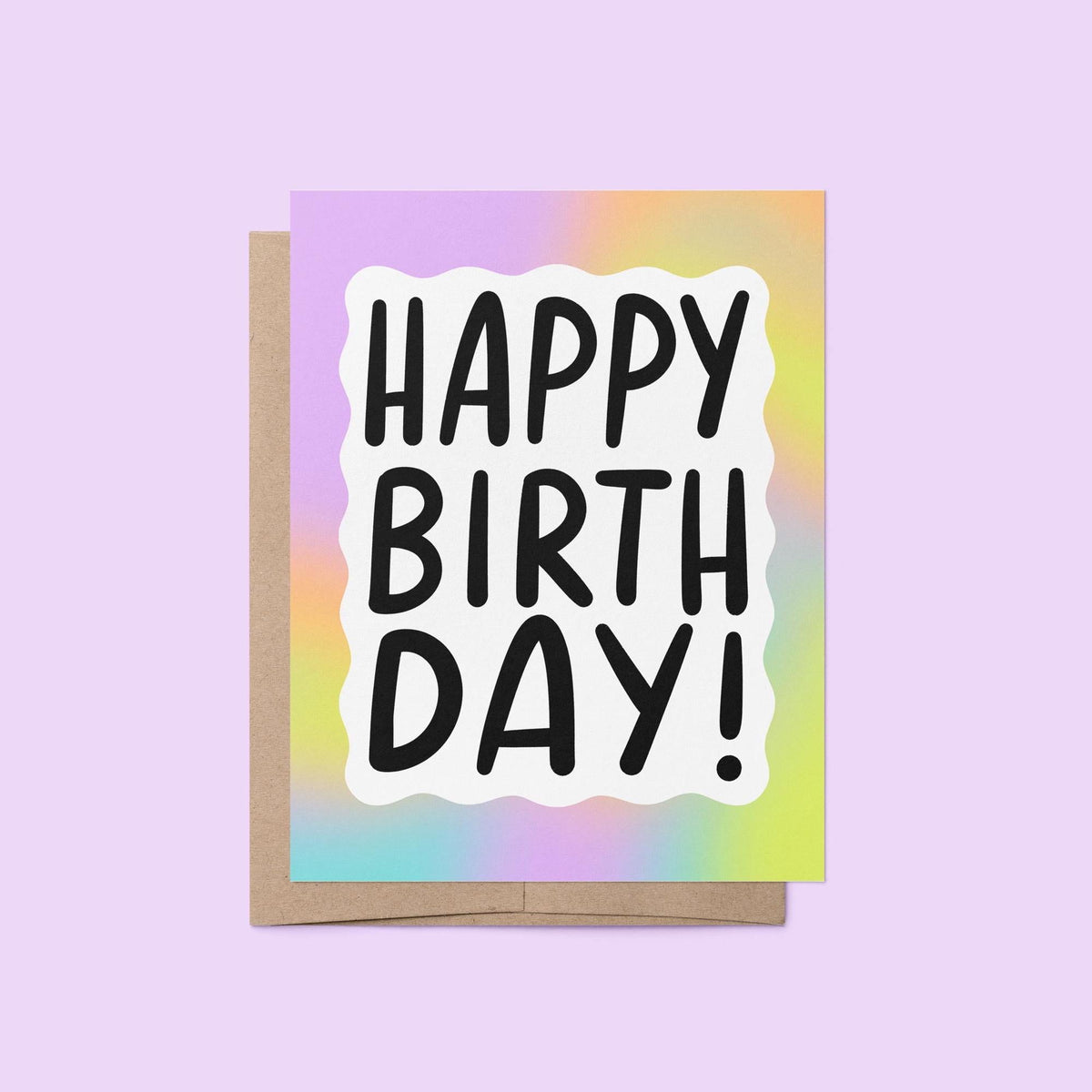 Rainbow gradient happy birthday card — hand lettered happy birthday greeting inside a rainbow gradient squiggle border, 4.25 x 5.5 in, by MangoIllustrated
