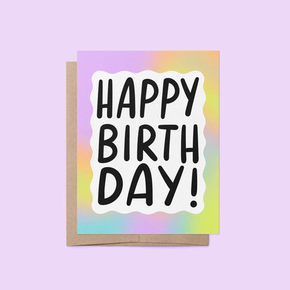 Rainbow gradient happy birthday card — hand lettered happy birthday greeting inside a rainbow gradient squiggle border, 4.25 x 5.5 in, by MangoIllustrated