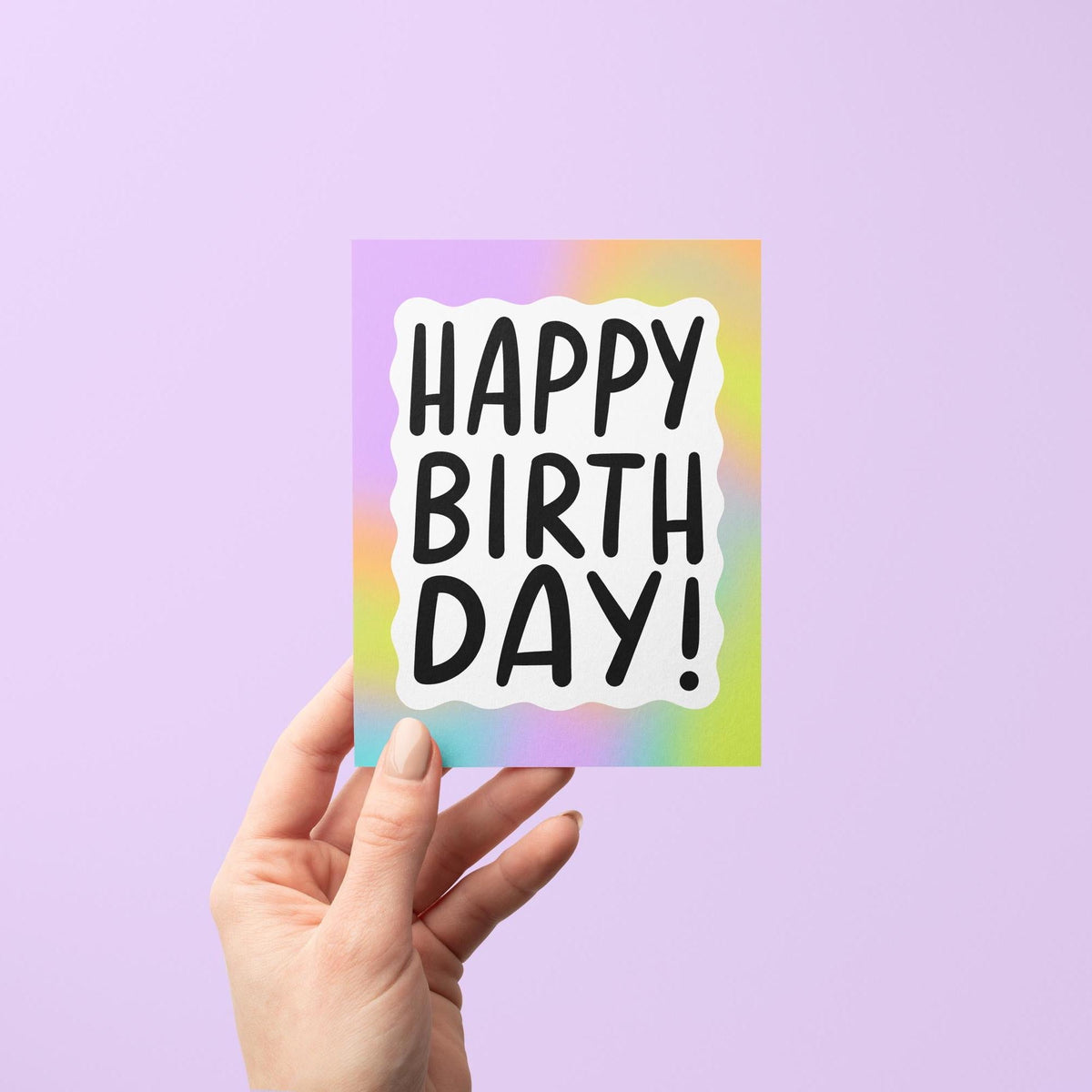 Rainbow gradient happy birthday card flat lay — colorful birthday card for a best friend or coworker, by indie artist MangoIllustrated