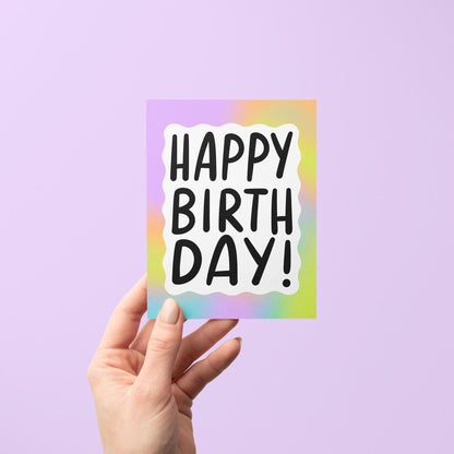 Rainbow gradient happy birthday card flat lay — colorful birthday card for a best friend or coworker, by indie artist MangoIllustrated