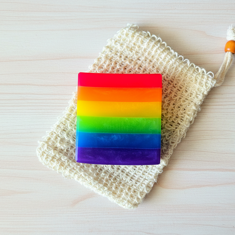 Rainbow striped soap on a textured white background