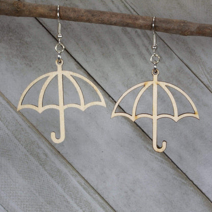 Rainy Day Umbrella Wooden Dangle Earrings - Natural Wood - Cate&