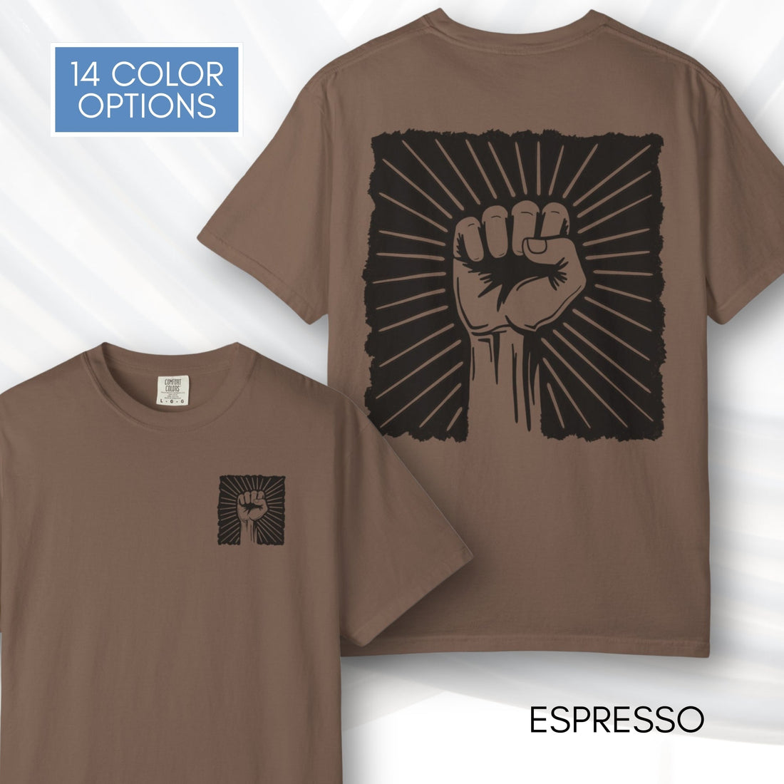 raised-fist-solidarity-protest-graphic-tee-retro-radiant-sunburst-blm-black-lives-matter-tshirt-comfort-colors-espresso