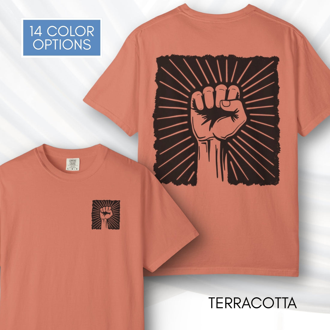 raised-fist-solidarity-protest-graphic-tee-retro-radiant-sunburst-blm-black-lives-matter-tshirt-comfort-colors-terracotta