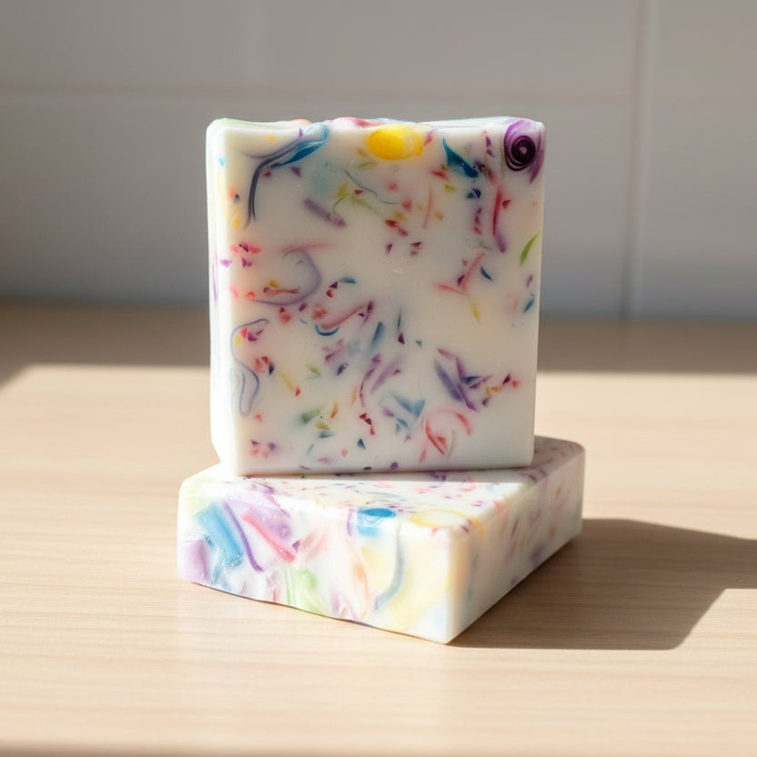 Two colorful soap bars with a confetti pattern on a light wooden surface.