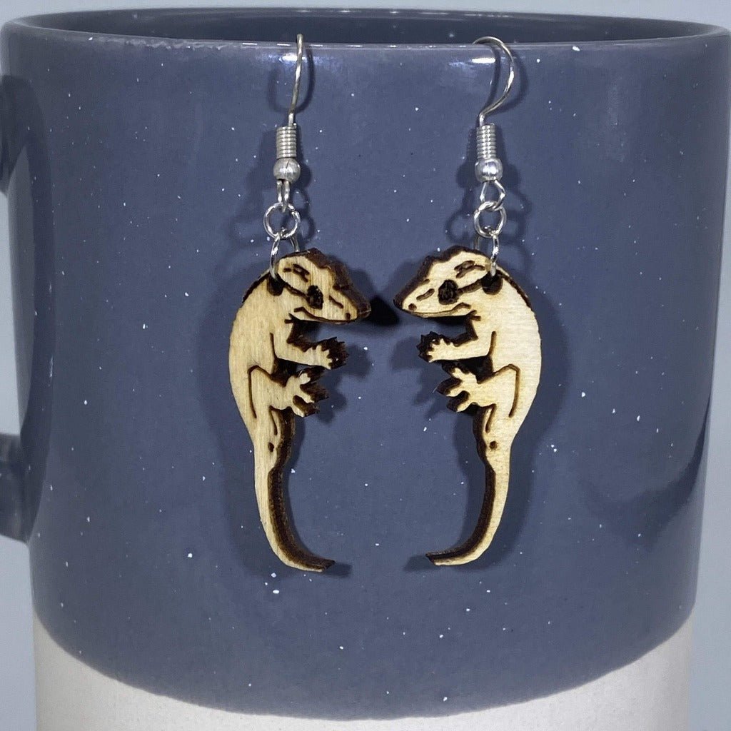 Realistic Crested Gecko Lizard Wooden Dangle Earrings - - Cate&