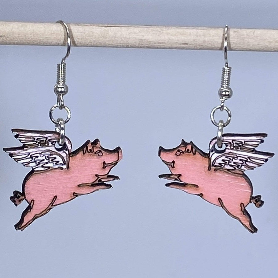 Realistic Flying Pig Wooden Dangle Earrings - - Cate&