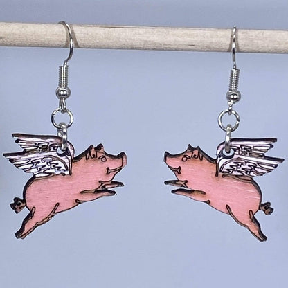 Realistic Flying Pig Wooden Dangle Earrings - - Cate&