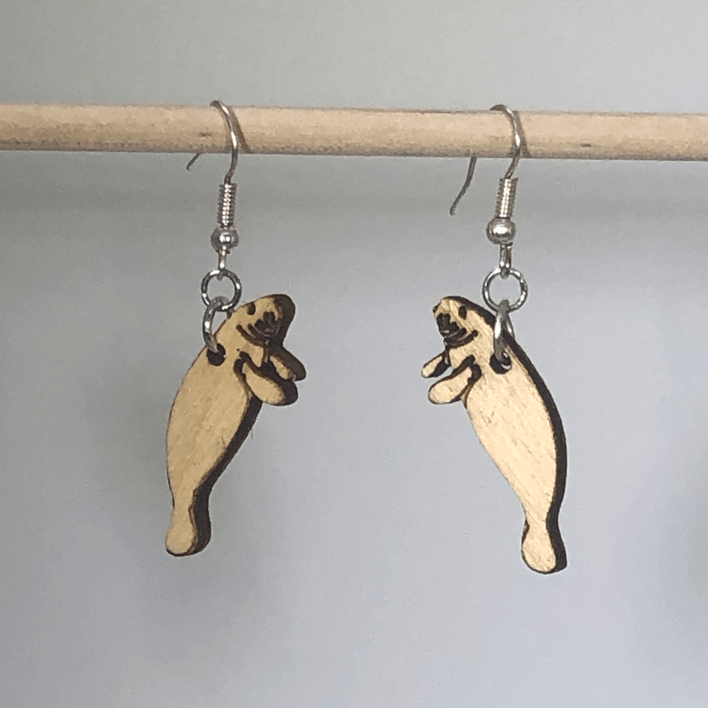 Realistic Manatee Wooden Dangle Earrings - - Cate&