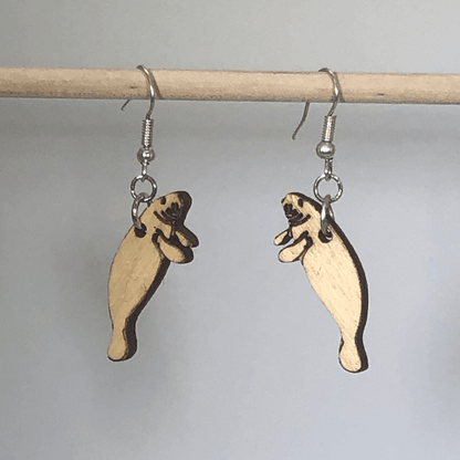 Realistic Manatee Wooden Dangle Earrings - - Cate&