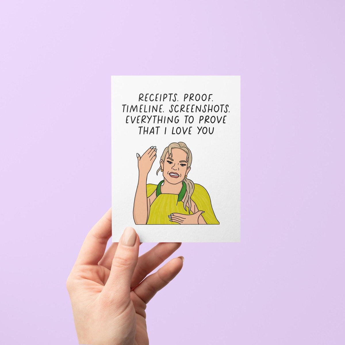 Receipts proof timeline screenshots card detail — hand lettering and housewife illustration close up, by indie artist MangoIllustrated