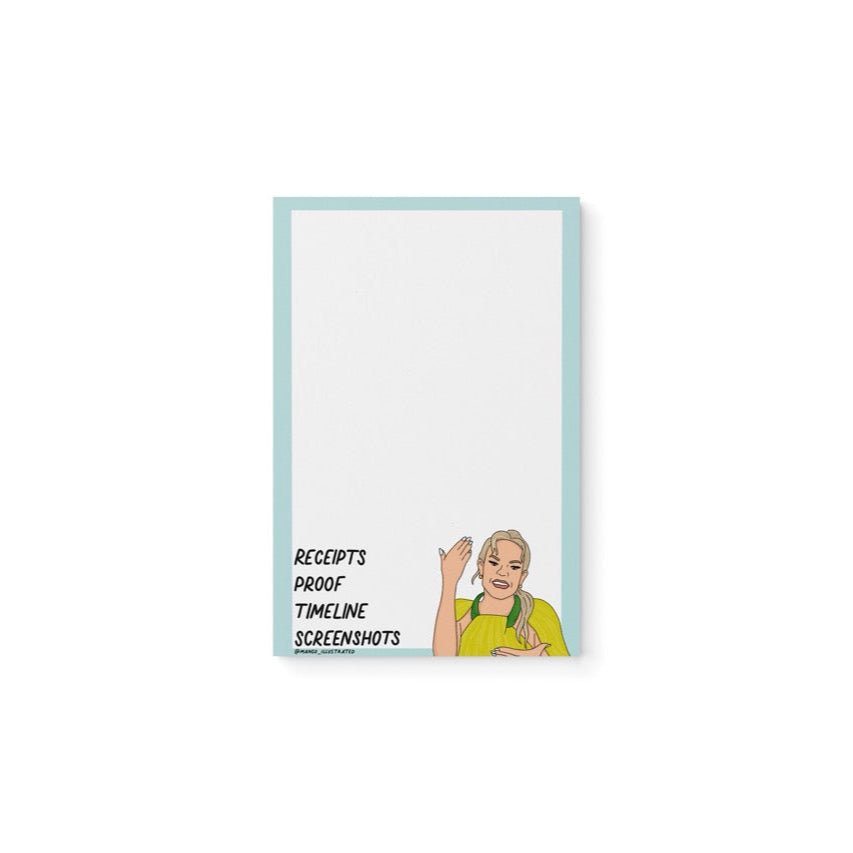 Receipts proof timeline screenshots notepad flat lay — funny desk notepad for the friend with the group chat receipts by indie artist MangoIllustrated