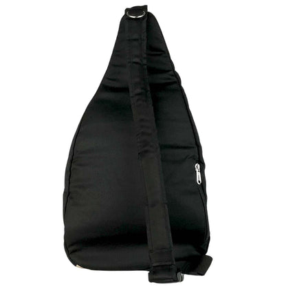 black backside of sling style backpack