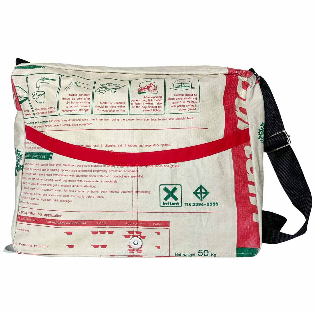 interior photo of messenger bag made from recycled plastic cement bags