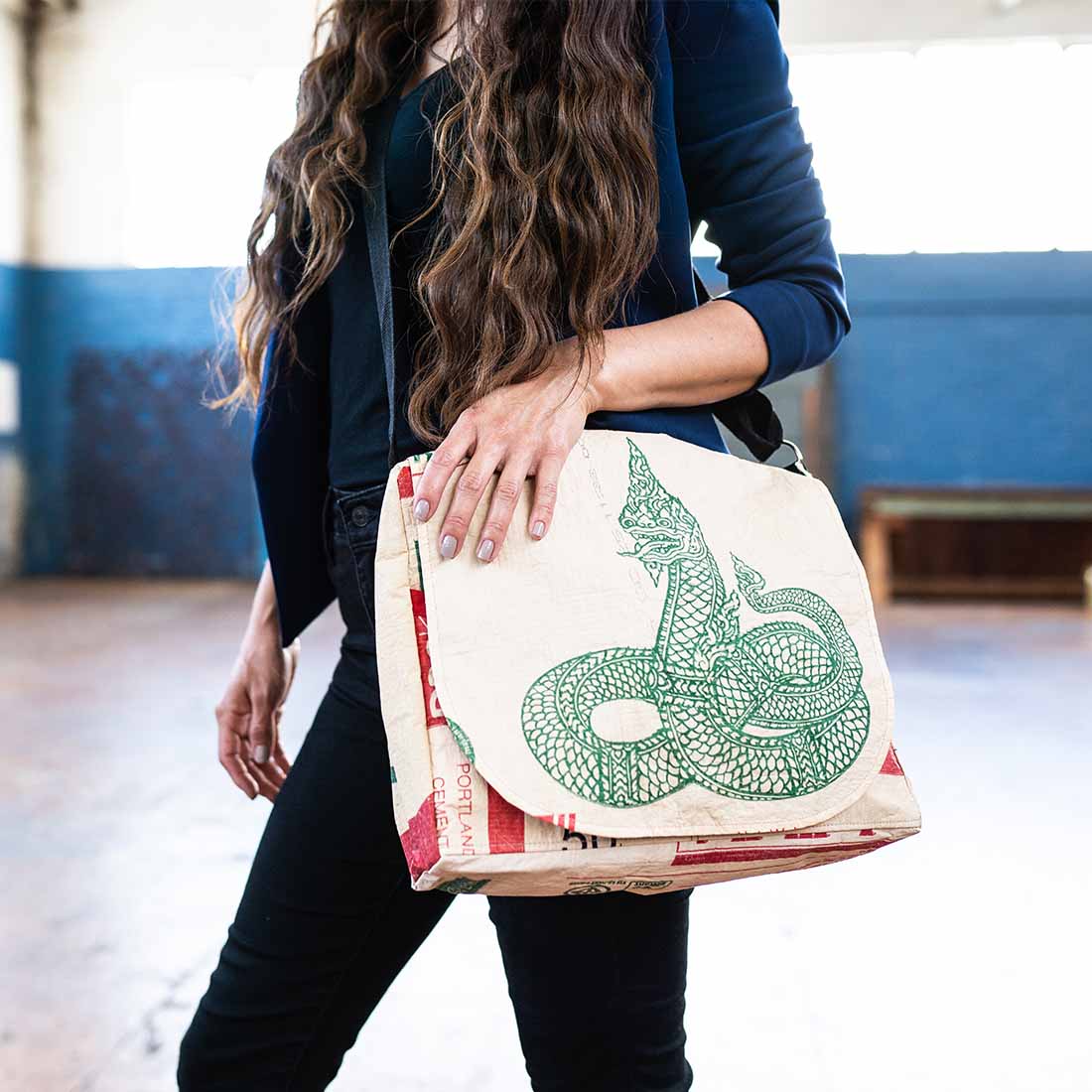 messenger bag made from recycled cement bags - serpent