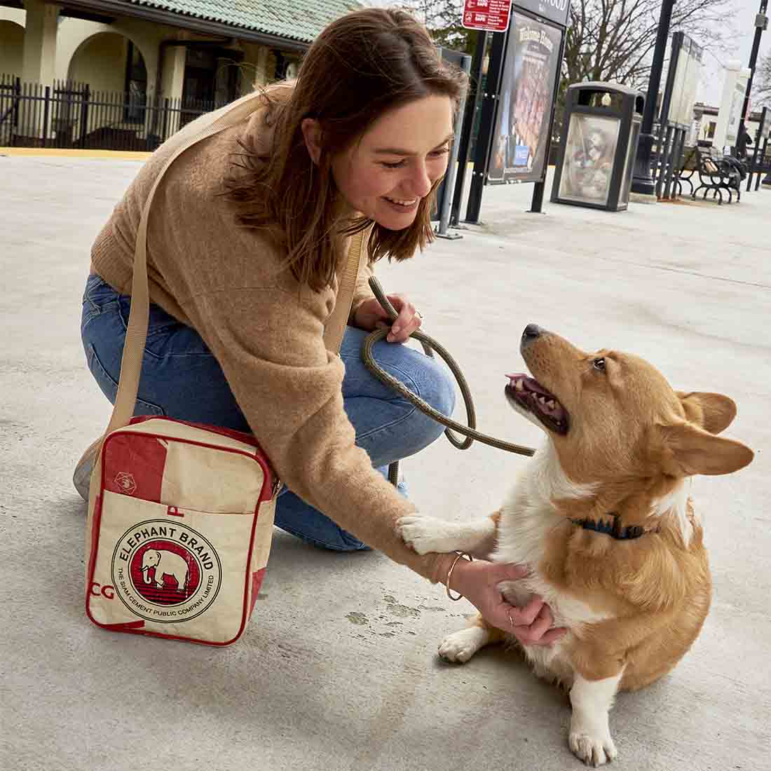 woman petting corgi with her elephant crossbody bag