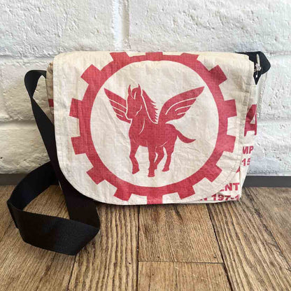 small fair trade messenger bag from recycled cement bags - pegasus