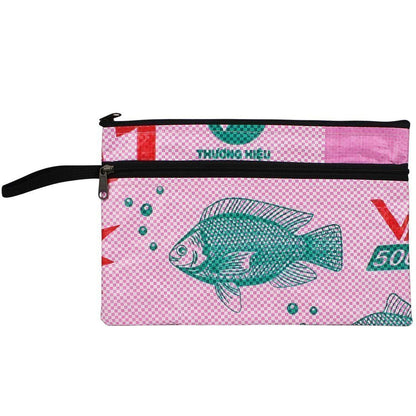 pink fish print recycled pouch