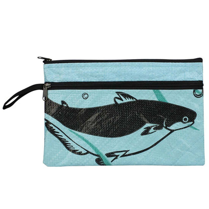 blue fish print recycled pouch