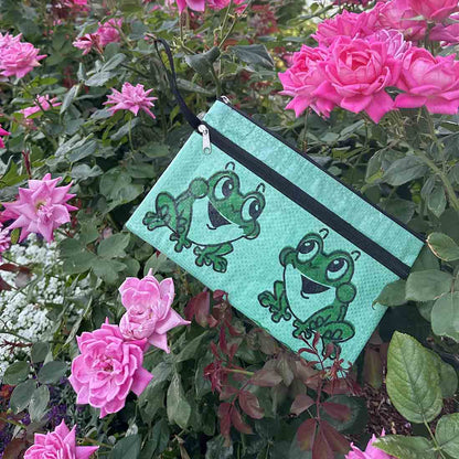 green frog print recycled pouch