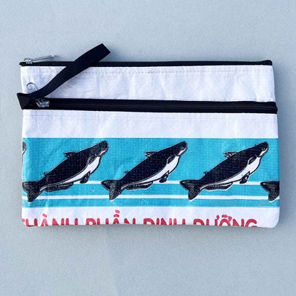 white fish print recycled pouch