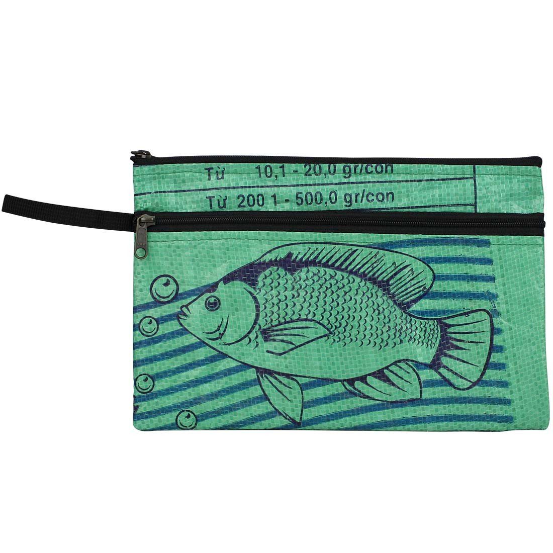 green fish print recycled pouch