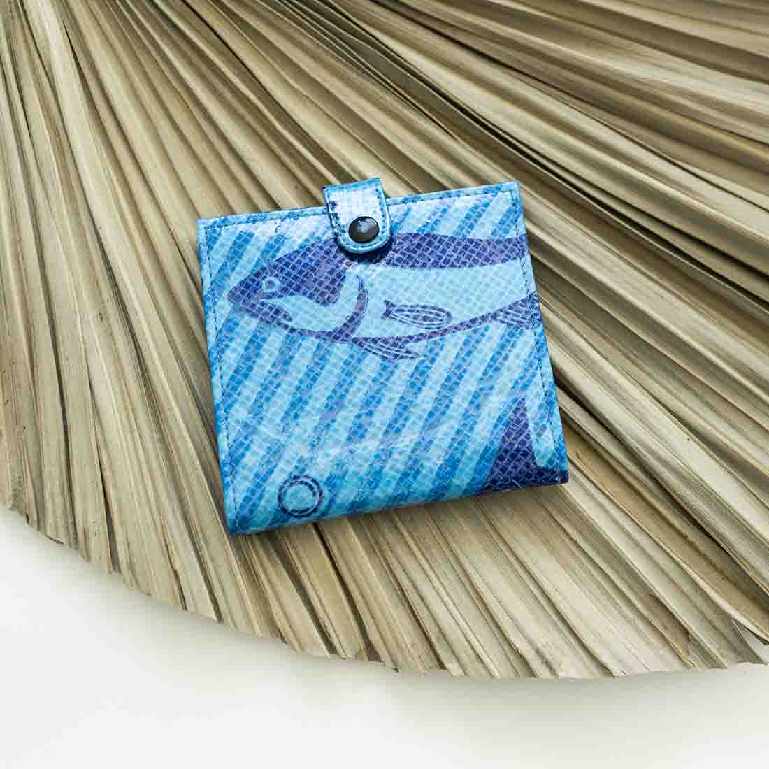slim blue sustainable square wallet