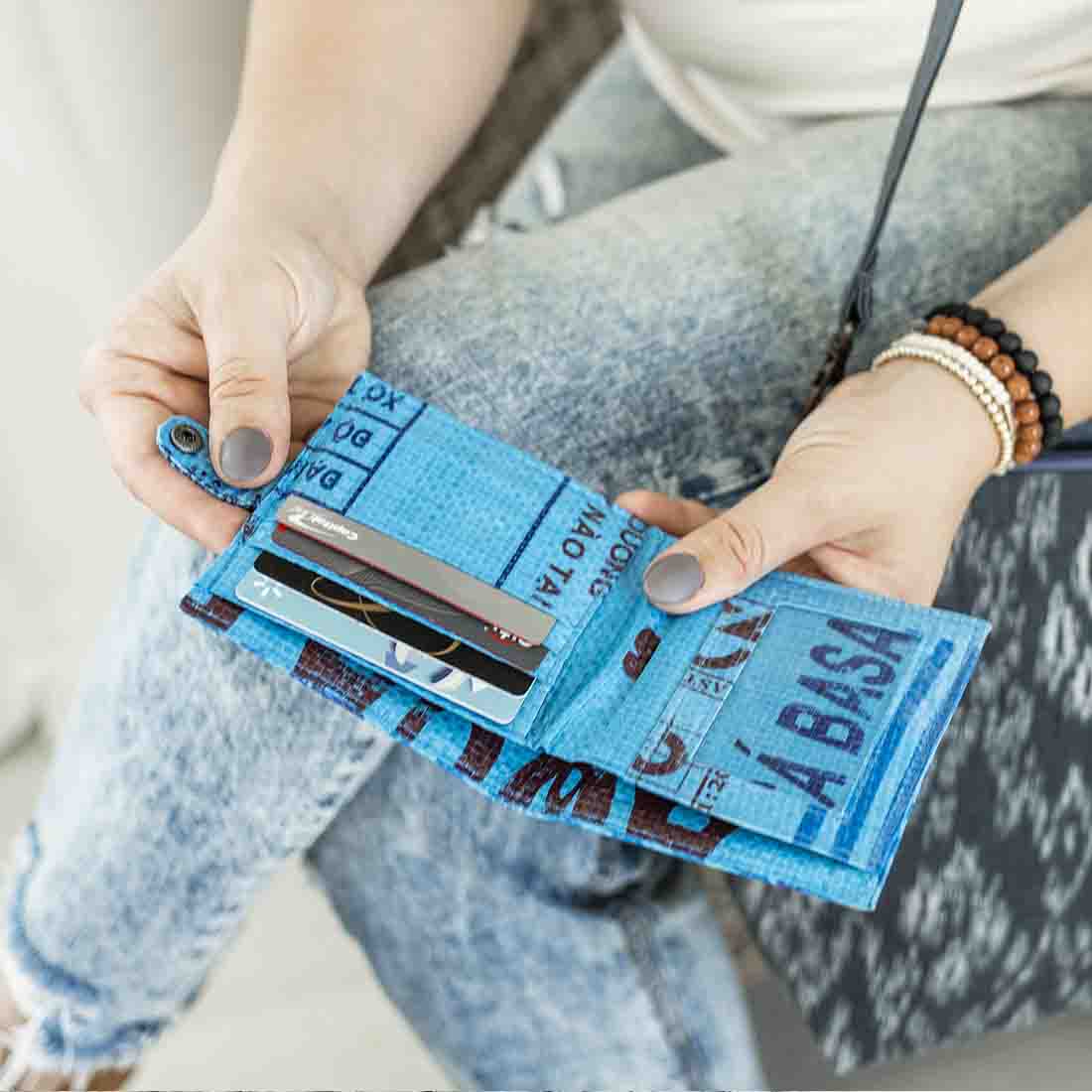 blue upcycled feed bag wallet