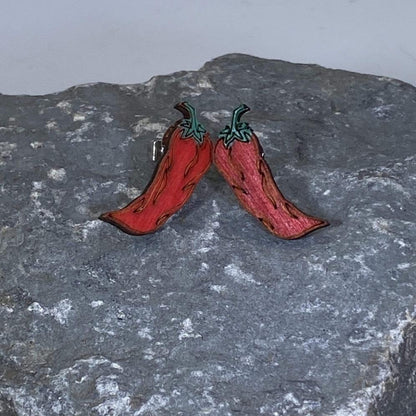 Red Hot Chili Pepper Wooden Earrings - Stud - Cate&